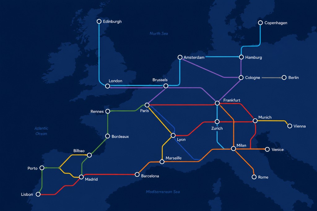 European international rail network map with major cities and cross-border routes